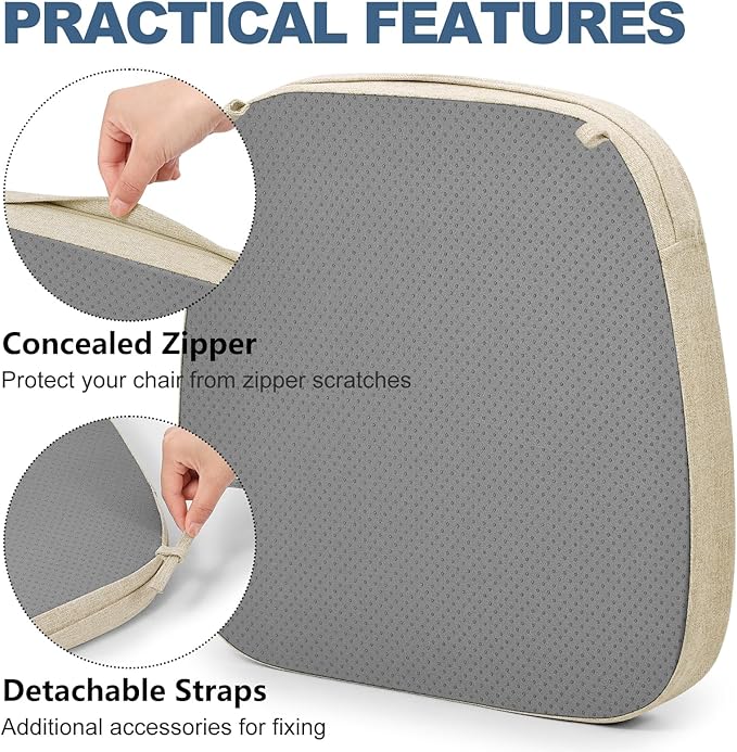 Shinnwa Kitchen Chair Cushions Set of 4, Non-Slip Dining Chair Cushions with Detachable Straps and Machine Washable Cover, 4 Pack, 17x16x2in, Beige