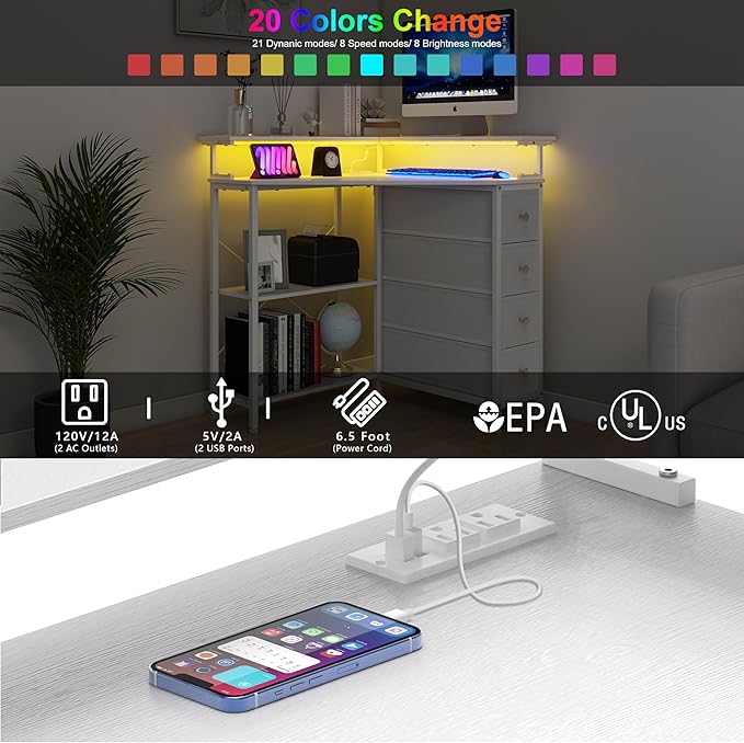 VENNQD Corner Desk with Drawers Shelves for Small Space 90 Degrees Triangle Computer Desk with Power Outlets,Gaming Desk with LED Lights Monitor Stand for Home Office Workstation Writing Table (White)