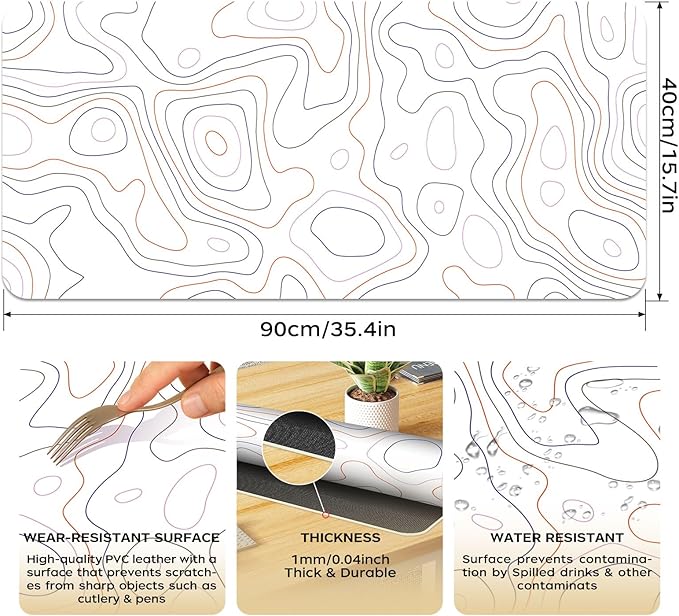 White Topographic Map Desk Mat 35.4" x 15.7", PU Leather Computer Laptop Mat, Non-Slip Waterproof Mouse Keyboard Pad, Large Desk Blotter, Leather Writing Matt for Work/Home 35.4"x 15.7", Topographic