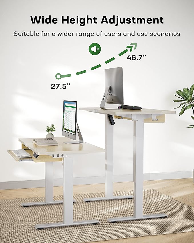 Marsail Standing Desk Adjustable Height with Extra Large Keyboard Tray, 55" Electic Adjustable Desk with 4 Memory Presets Cable Management 2 Storage Hooks, Sit Stand Up Desk for Home Office