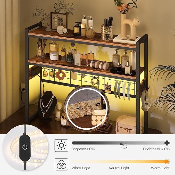 HOOBRO Desktop Bookcase, 37.4" Large Desk Shelf, 2-Tier Desktop Organizer, Wooden Office Storage Rack with Outlets, Display Shelf Rack with Light Strip, Desk Hutch for Office, Rustic Brown BF13UDSJ01