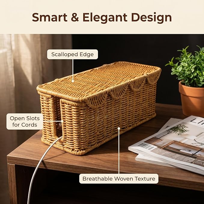 Scalloped Handwoven Rattan Cable Management Basket, 2 Open Slots Plastic Wicker Cord Hider Box for TV Wires Computer Router USB Hub Strip