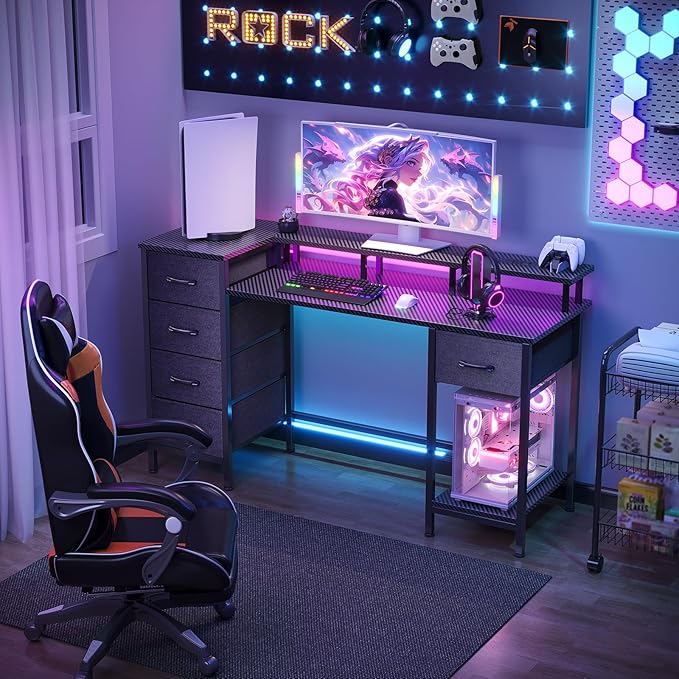 Korfile 47 Inch Computer Gaming Desk with Power Outlets & LED Lights Reversible Home Office Desk with Adjustable 5 Fabric Storage Drawers for Working Writing Study, Carbon Fiber Black