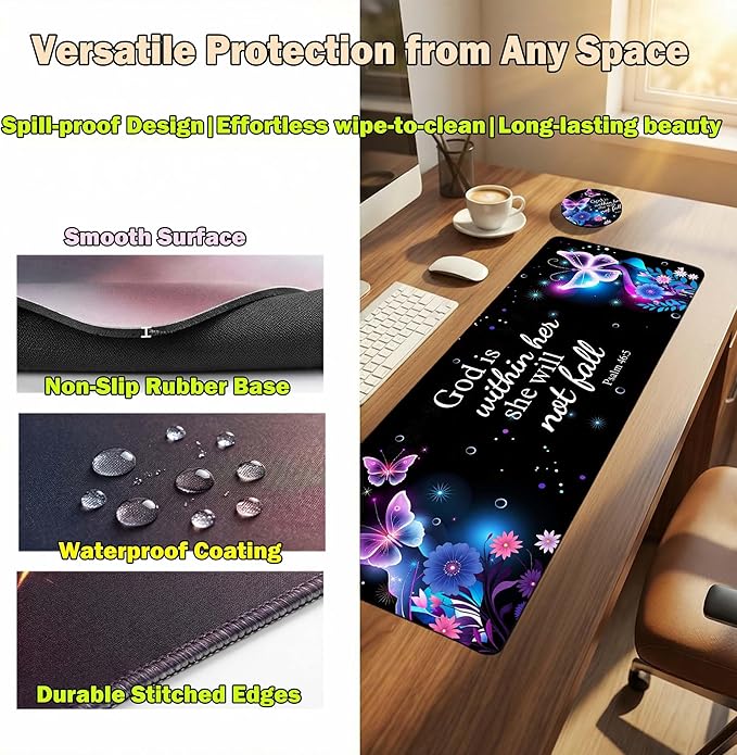 Extended Mouse Pad 31.5 x 11.8 Inches – AiLiTeck Decorative Desk Mat Mousepad with Stitched Edges for Home Office, Waterproof Washable, Includes Matching Coaster Bible Verse Women