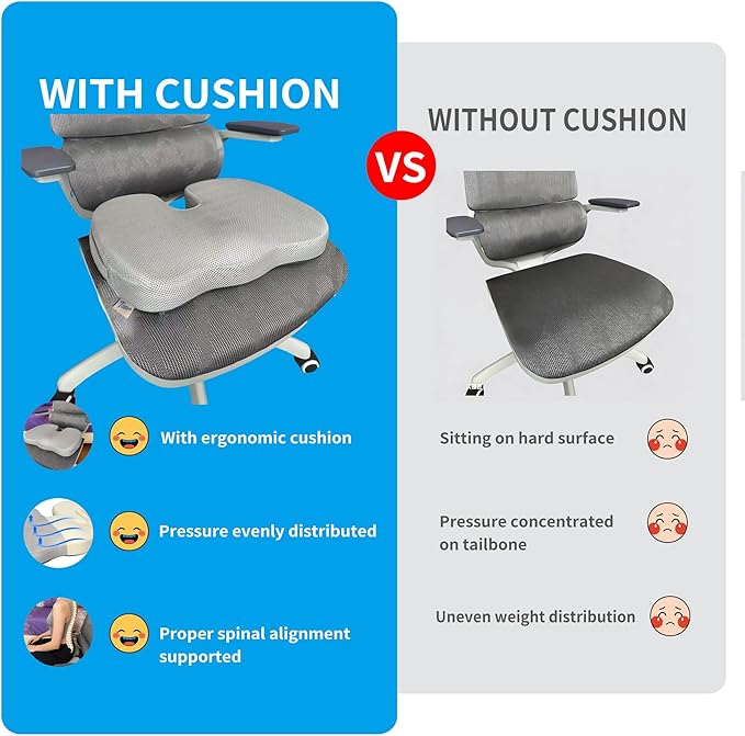 Coccyx & Tailbone Support Seat Cushion for Office & Car – Ergonomic U-Cutout Memory Foam for Sciatica, Pressure Relief, All-Day Comfort – Perfect for Desk Chair, Driving, Travel (Grey)