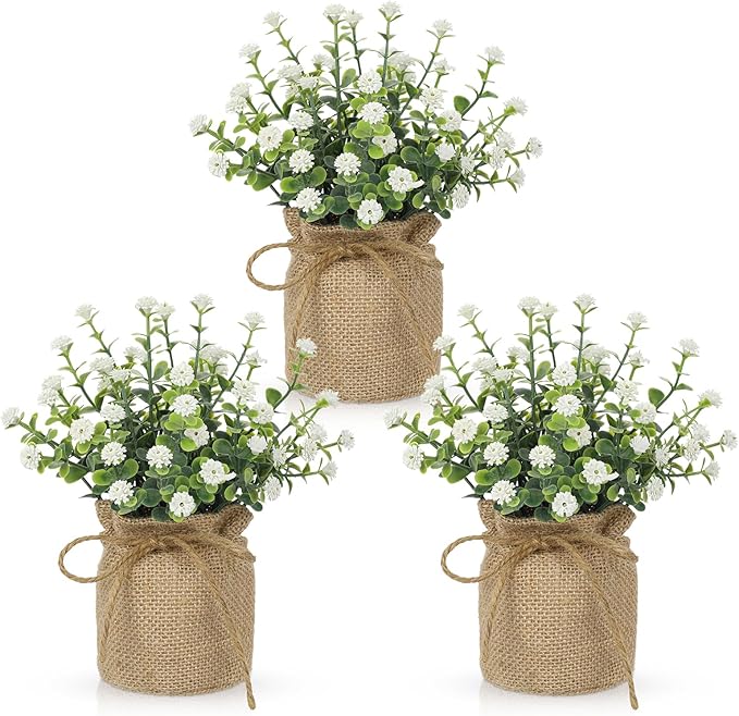 Artificial Mini Potted Flowers Set of 3, Faux Baby’s Breath Plant with Burlap Pot, Small Fake Greenery Desk Decor for Home Office Shelf Table Centerpiece, Rustic Farmhouse Wedding Spring Decorations