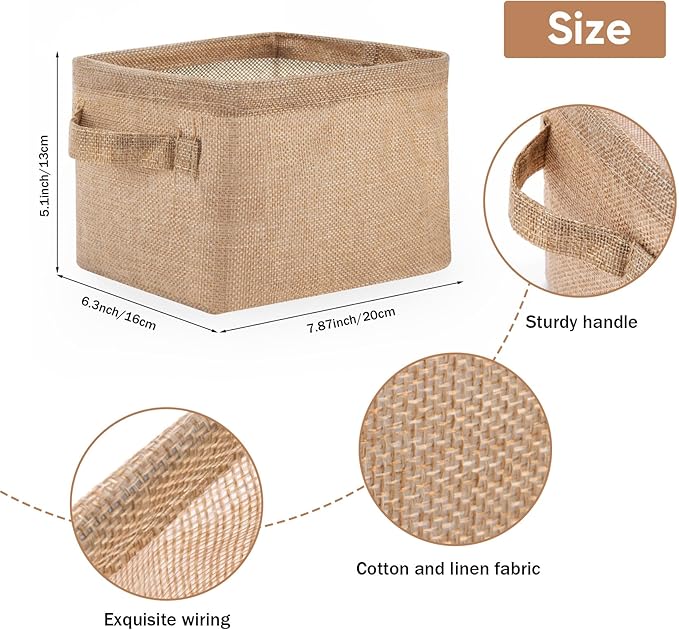 AARAINBOW Small Storage Basket Bins Canvas Mini Storage Cubes Storage Basket for Makeup, Baby Toys Liners, Books Nursery Storage Baskets with Handles for Shelves & Desks (3 Jute Gray)
