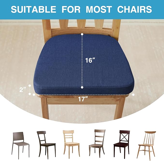 IASEAHK Chair Cushions for Dining Chairs Set of 4, Non Slip Kitchen Chair Pads, 17" x 16" x 2", Indoor Dining Chair Cushions with Ties, D-Shaped Seat Cushions for Kitchen Chairs, Navy Blue