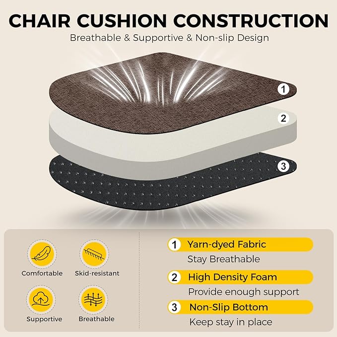 downluxe Indoor Chair Cushions for Dining Chairs, Soft and Comfortable Textured Foam Kitchen Chair Pads with Ties and Non-Slip Backing, 16" x 16" x 2", Brown, 6 Pack