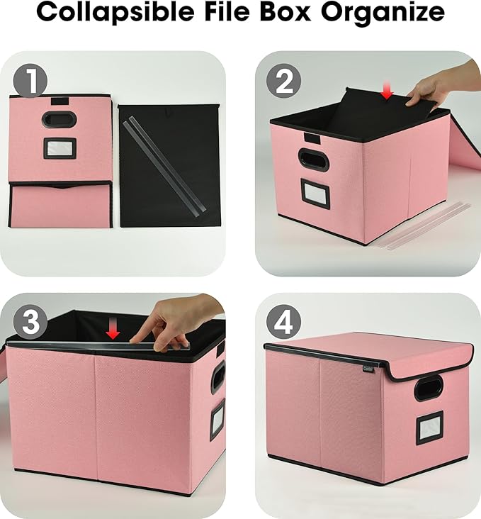 Qerlei File Organizer Boxes with Lids,Collapsible File Folder Organizer with Plastic Slide,Collapsible Filing & Storage Boxes for Office/Decor/Home (Pink, 2 Pack)