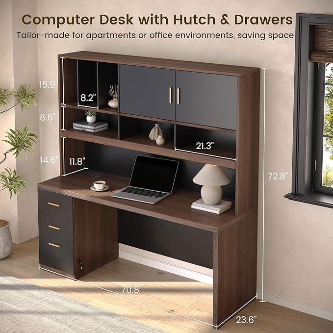 ModernMate Computer Desk with Hutch & File Cabinet, 72.8" Home Office Desk Set with Under Desk Printer Stand, Office Desk with Hutch Built in Power Outlet, USB/Type-C, Black Walnut