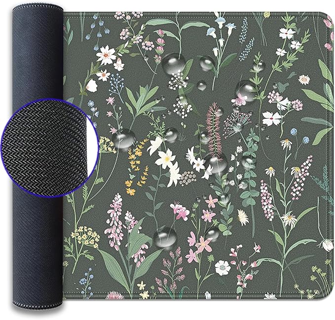 Green Plant and Floral Mouse Pad,Large Flowers Mousepad Desk Pad with Stitched Edges,Non-Slip Waterproof Rubber Base Mouse Mat for Office Computer Keyboard Laptop Home 27.5x11.8 in