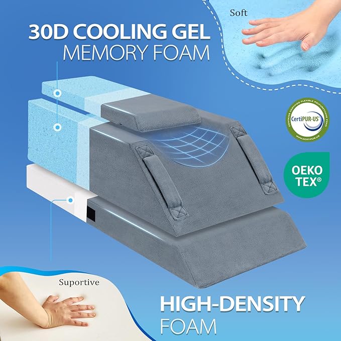 Wellsin 4-Height Adjustable Leg Elevation Pillows for After Surgery, Knee and Ankle Injuries, Memory Foam Leg Wedge Pillow with 3 Handles, 1 Insert Pad and Washable Velvet Cover