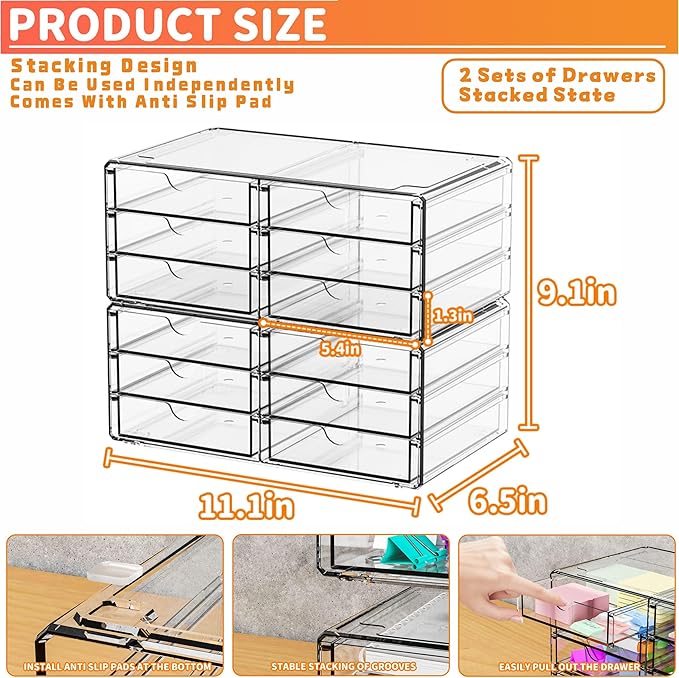 Yieach 2 Pack Acrylic Storage Drawers With 12 Small Drawer,Stackable Office Cabinet Organizer and Makeup Organizer,Clear Plastic Drawers for Craft Supply,Pen,Stationary,Accessory,Makeup,Desk Organizer