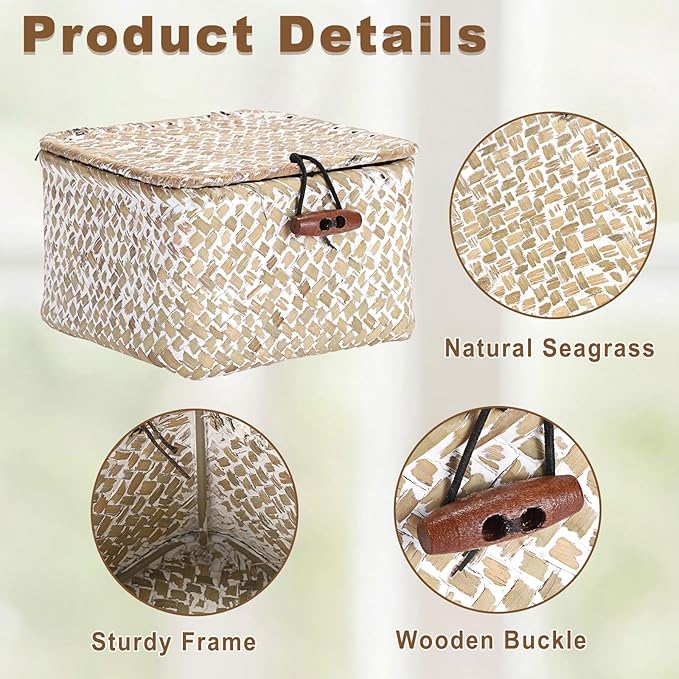 Hipiwe Small Seagrass Basket with Lid Handwoven Decorative Shelf Basket Mini Wicker Storage Box Multipurpose Desktop Organizer for Key Hair Ties, Whitewash 4.7" x 4.7" x 3"