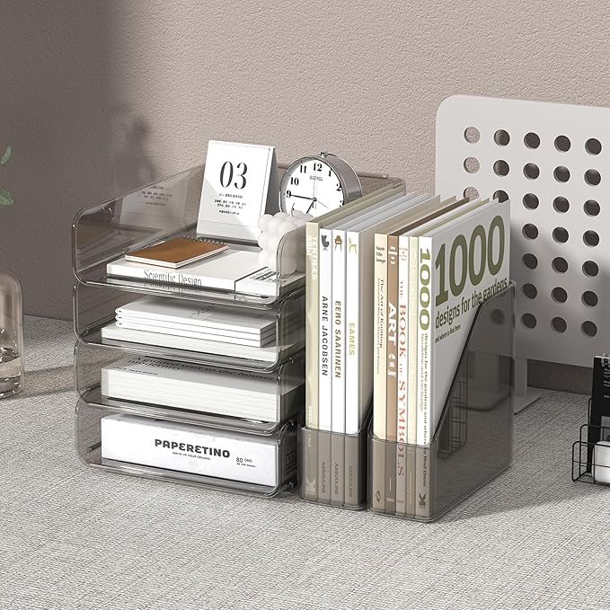 FANXIYQ 4-Tier Acrylic Paper Tray Organizer with Bookends | Clear Stackable Desk Organizer for Documents, Letters, A4 Paper | Modern Office/Classroom/Home Organization,Brown