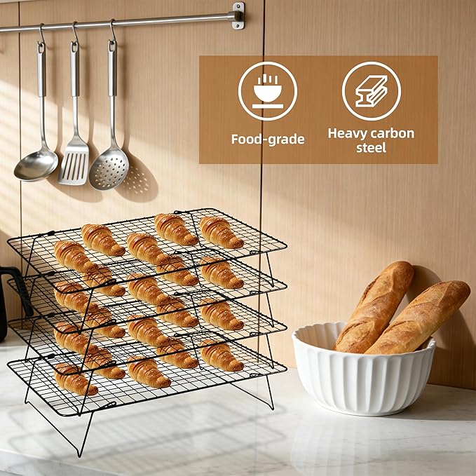 Cooling Rack, 4 Tier Stackable Cooling Racks for Cooking Baking Roasting, Multi-Level Collapsible Cookie Rack for Cakes, Oven Safe & Easy Clean (Black, 4-Tier)