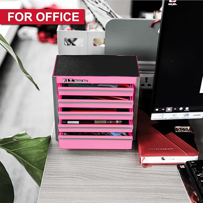 P.I.T. Mini Tool Box 8.6"W X 4.6"D, Portable 5-Drawer Micro Steel Stackable Toolbox with Liner, Pink Cute Tool Case for Small Tools Parts Storage, Home DIY