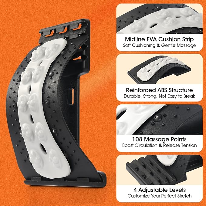 Premium Back Stretcher for Lower Back Pain Relief – 4-Level Adjustable Lumbar Support Board with Soft EVA Massage Strip – Durable & Portable Back Cracker to Release Tension and Reset Your Day (Black)