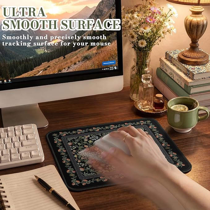 iCasso Aesthetic Small Floral Mouse Pad, Mini Portable Travel Mousepad, Anti-Slip and Comfortable Cloth Mouse Mat 7.9"x9.5" with Stitched Edges for Computer, Laptop, Office, Home(Black)