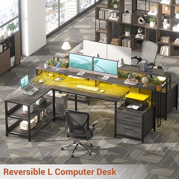 Aheaplus L Shaped Desk with Power Outlet, Reversible L Shaped Computer Desk with File Drawer & Monitor Stand, Gaming Desks with LED Strip, Home Office Desks with Storage Shelf, Grey Oak