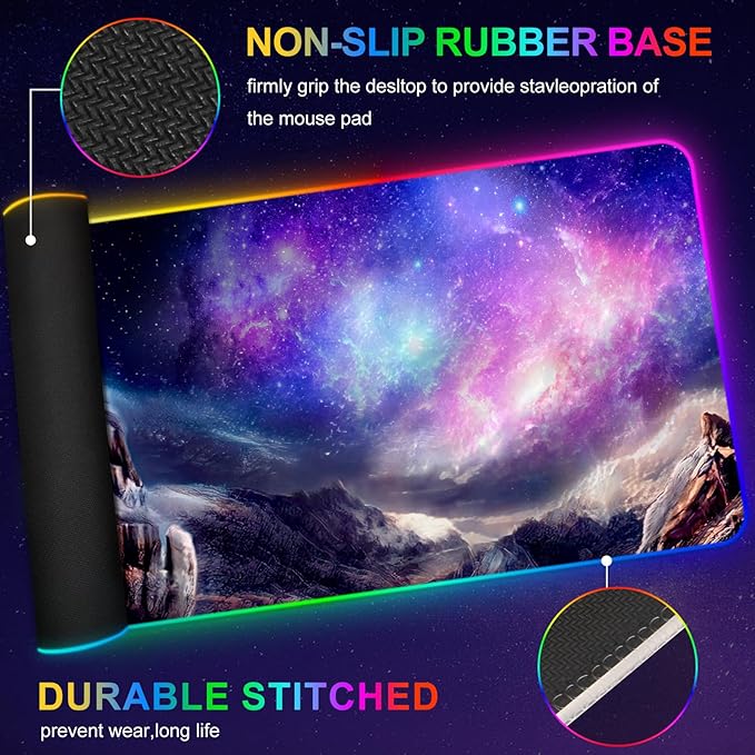 ARTSO RGB Gaming Mouse Pad, Large Extended Soft Led Mouse Pad with 14 Lighting Modes 2 Brightness, Water Resist Keyboard Pad, Computer Mousepads Mat 35.4x15.7inch, Starry Mountains