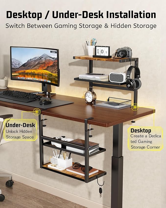 2-Tier Clamp on Desk Shelf, 17" Adjustable Above or Under Desk Shelves Organizer, No Drilling Desktop Storage Shelf with Headphone Holder, Desktop Storage Rack or Office and Gaming Accessories (Brown)