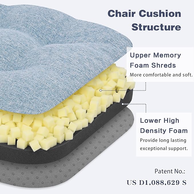 baibu Set of 6 Dining Chair Cushions, Dual-Layer Patent Design Memory Foam Kitchen Chair Cushions, Non-Slip Seat Pads with Ties, 16.5 x 16.5 x 3.5in, 6 Pack, Light Blue
