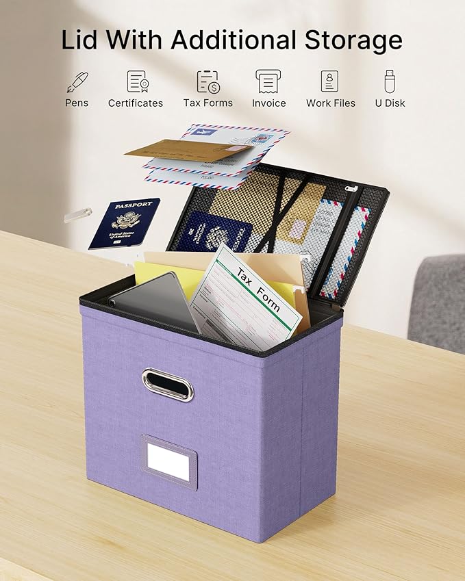 Oterri File Organizer Boxes with Lids, File Box with Mesh Pockets, Document Organizer Box for Letter Size Folders, Zippers Important Document Organizer (Light Purple, Small-1 Pack Without Folders)