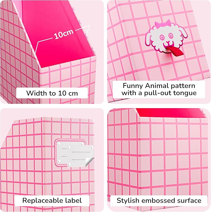 JiaWei Magazine File Holder Foldable Storage Boxes for Documents - Set of 2 Cardboard Magazine Rack Made of 2150 g/m² 10.5 cm Wide，Desk Organizer for Classroom, Home, and Office - Pink