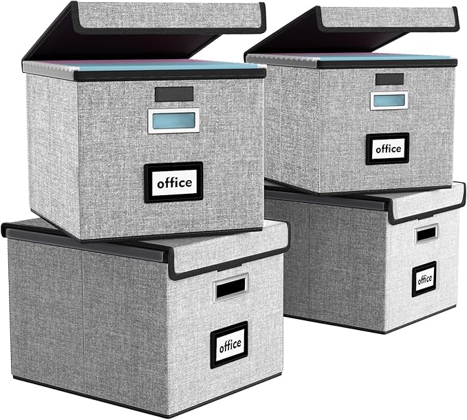 Portable File Organizer Boxes Set of 4, Large Linen Hanging Office Document Storage Boxes with Lids, Collapsible Filing & Storage Boxes for Office/Decor/Home - 14.9 x 12.7 x 10.8 inch