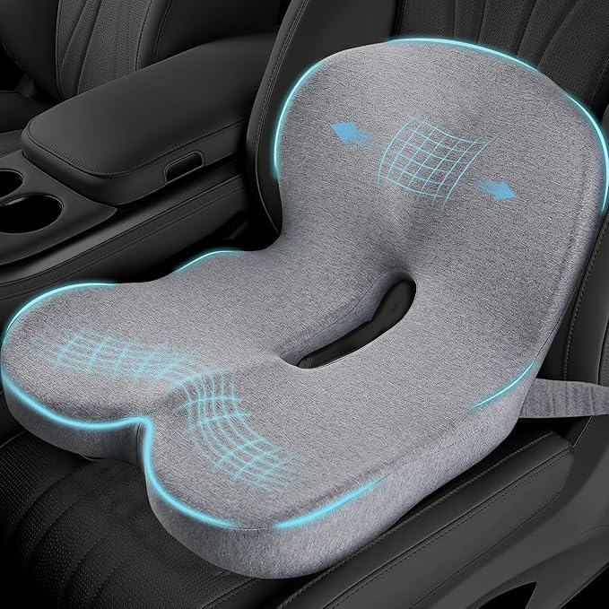 Ergonomic Seat Cushion with Adjustable Strap, Memory Foam Office Chair Seat Cushion with L-Shaped Design, Car Seat Cushion Fits for Truck Driver Semi Truck, Gaming Chair, Desk, Light Gray
