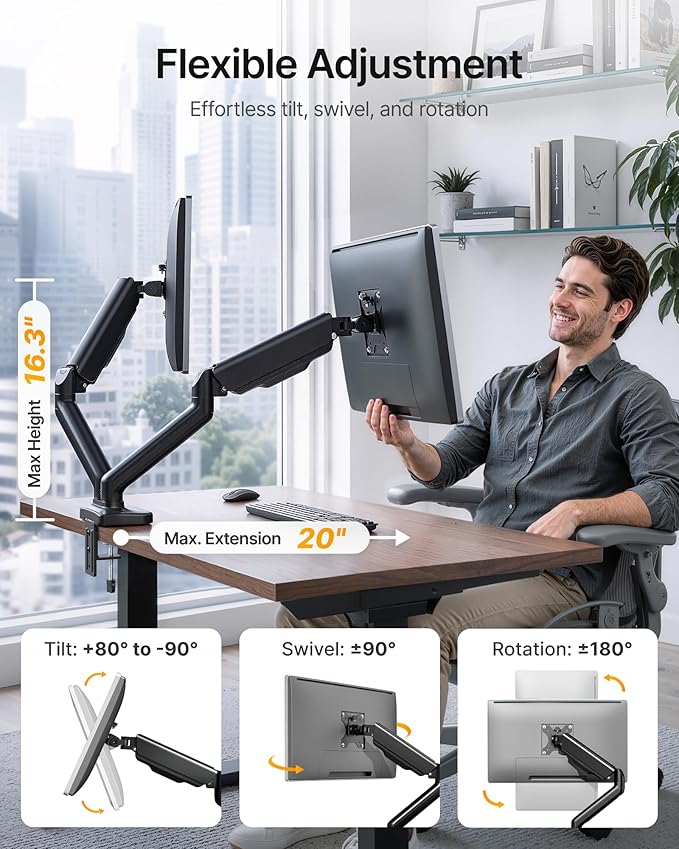 monTEK Heavy Duty Dual Monitor Arm for 17-32” Flat/Curved Screens, Premium Mechanical Spring Monitor Arm up to 19.8 lbs, Full Motion Monitor Desk Mount with Quick-Release VESA 75/100mm, Clamp/Grommet