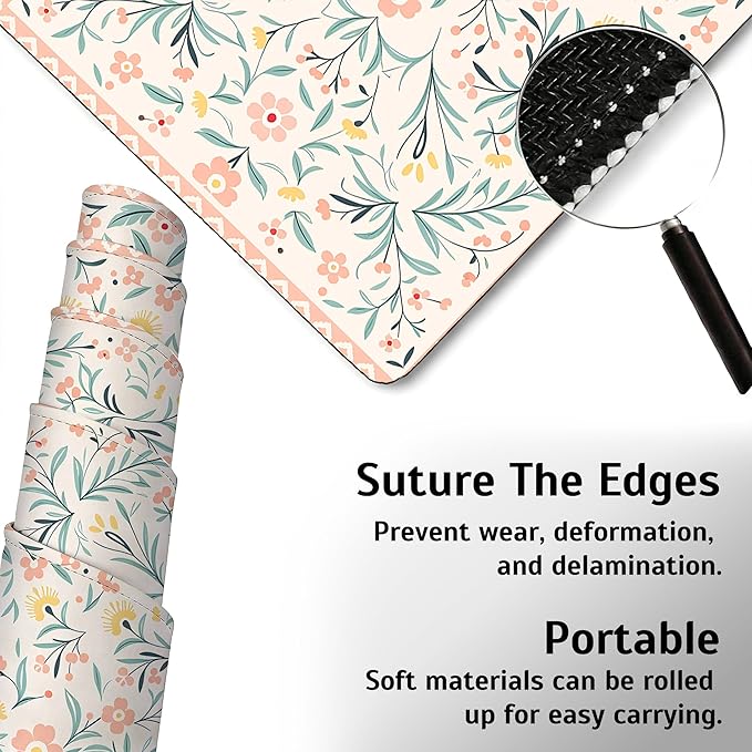 Pink Floral Mouse Pad,35.4 x 15.7 Inch Large Mouse Mat Non-Slip Rubber Stitched Edges for Writing Desk,Office,Home,Laptop