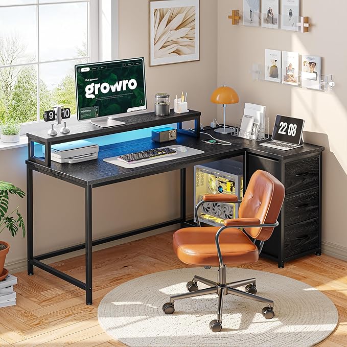 EnHomee 48Inch L Shaped Gaming Desk with LED Lights & Power Outlet, Reversible Computer Desk with Monitor Stand & 3 Drawers Corner Desk with for Gaming,Study Room,Home Office,Bedroom,Black