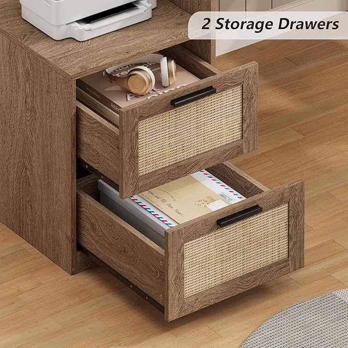 YOMILUVE 63" Farmhouse L Shaped Executive Desk with Drawers & Storage Shelf, Corner Rattan Computer Desk with Power Outlets, L Shaped Office Desk with Monitor Stand, Printer Shelf