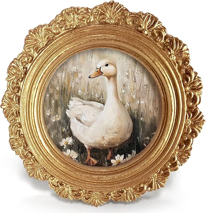 Farmhouse Duck Goose Round Picture Frame Wall Decor, Rustic Gold Mini Ornate Photo Frame for TableTop Desk 2.7in Photo,Vintage Framed Artwork for Walls Office Bedroom Cottage Shelf