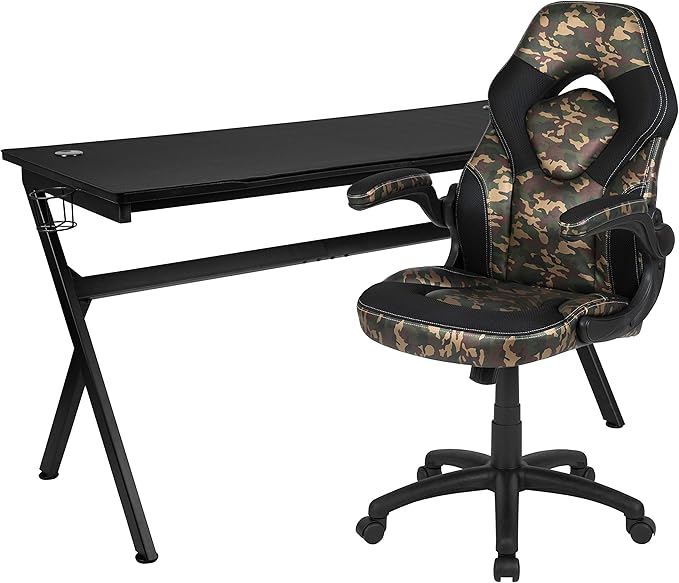 EMMA + OLIVER Black/Camo Gaming Desk Bundle - Cup & Headphone Holders/Mouse Pad Top