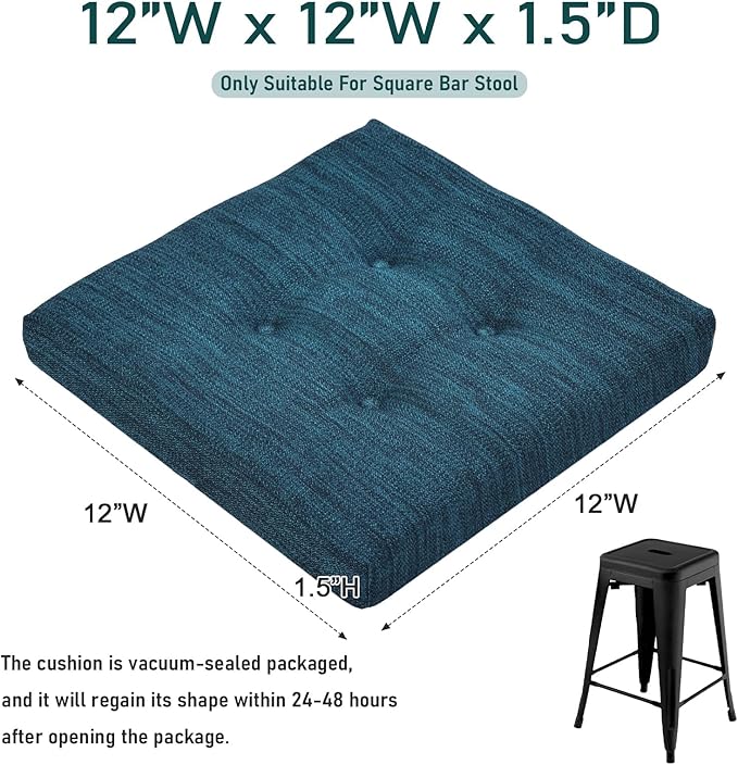 baibu 12 Inches Memory Foam Square Seat Cushion Set of 2, Dual-Layer Design Bar Stool Square Seat Cushion with Ties - 2 Pads Only, Dark Blue (12'' (30CM))