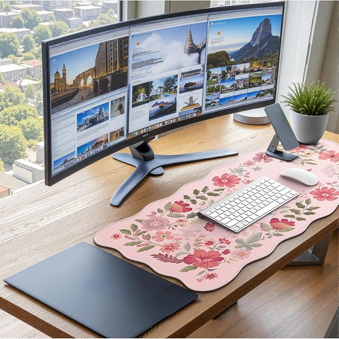 iCasso Desk Mat, Scalloped Desk Matt for Desktop, Cute XXL Large Mouse Pad for Desk, Anti-Slip Big Mousepad with Stitched Edges, Keyboard Pad Mouse Mat for Computer(Pink)