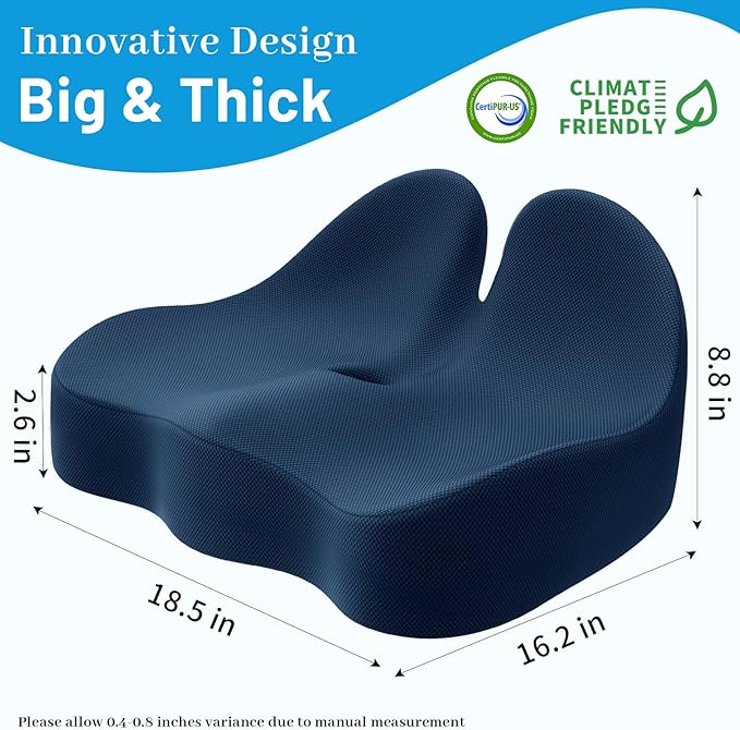 Cushzone Seat Cushion, Memory Foam Office Chair Cushions, Ergonomic Curved Design for Sciatica, Tailbone, Coccyx, Seat Support for Car, Desk Chair, Wheelchair, Enhances Long Sitting Comfort (Blue)