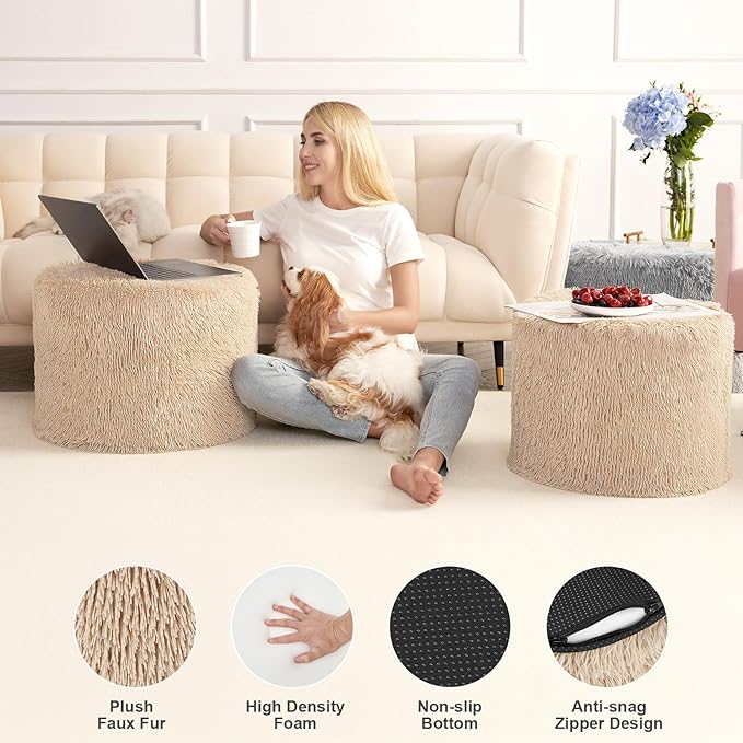 Hansleep Round Stuffed Pouf Ottoman 17 x 14, Foam Filled Faux Fur Ottoman Foot Rest for Chair with Washable Cover, Foot Stools Under Desk for Living Room & Bedroom, Brown