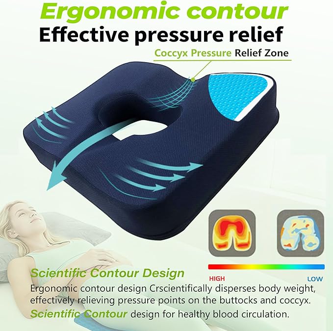 Gel & Memory Foam Wheelchair Seat Cushion,Donut Pillow for Tailbone Pain Relief,Bed Sore Cushions for Butt,Pressure Relief,Sciatica,Coccyx,hemorrhoid Pillow,Cushion for Office Chair & Desk(Blue