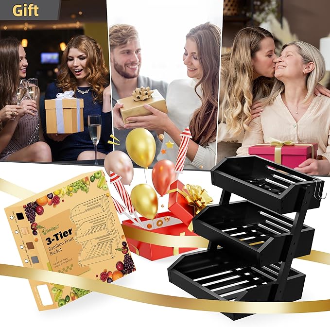 Bamboo 3 Tier Fruit Basket For Counter, Large Capacity Fruit Storage Countertop, Fruit Holder, Wooden Pantry Organizers and Storage, Kitchen Countertop Organizer With 2 Banana Hangers (Black)