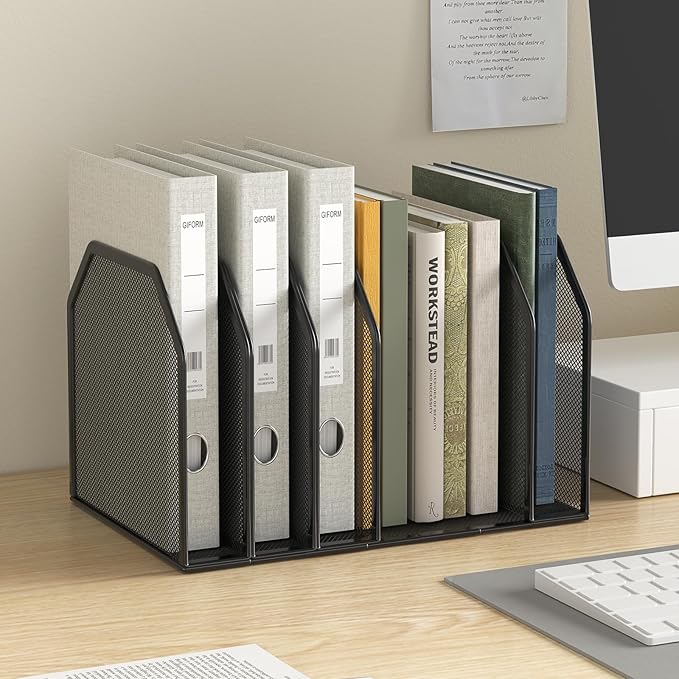 FANXIYQ Metal 7-Section File Folder Organizer for Desk | Vertical Office File Holder | Heavy-Duty Mesh Document Sorter for Books, Binders, Laptops | Black Desk Organizer (12.8”x8.5”x7.9”)