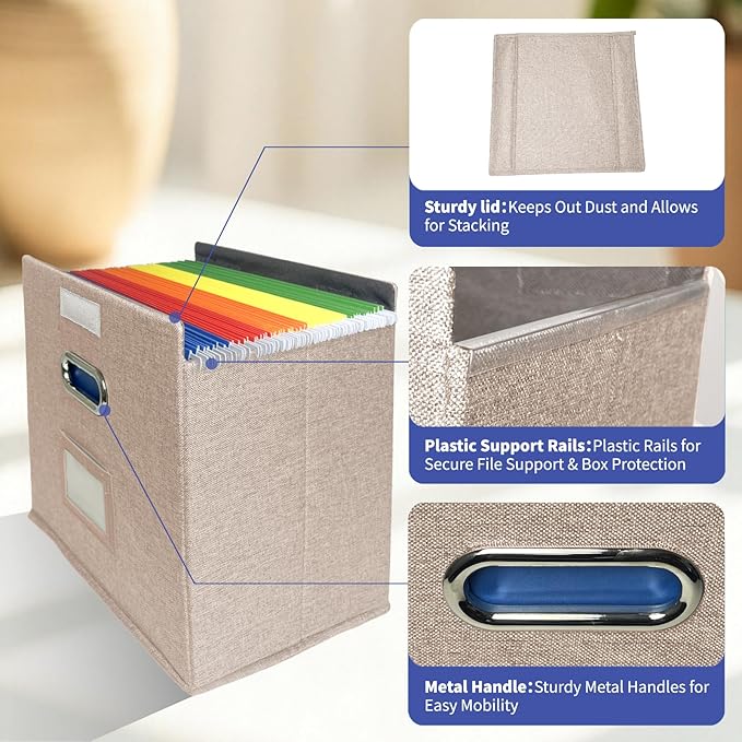 6 Pack Hanging File Folder Box with Lid, Durable Letter Size Filing Storage Box, Sturdy File Holder with Cardboard Support PVC Rails for Office Home Organizer, Beige
