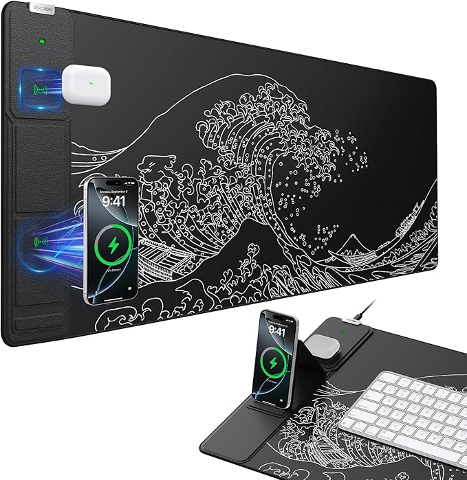 Wireless Charging Mouse Pad with Foldable Phone Holder, 31.5"x15.8" Large Desk Mat for Laptop/Keyboard, Waterproof Ultra-Smooth Surface, Non-Slip Base, Black Wave