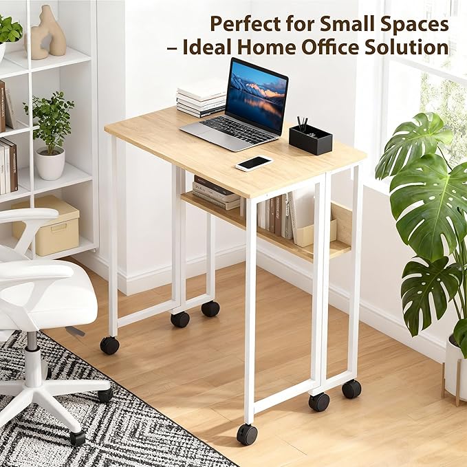 GarveeHome Folding Desk Small Rolling Desk with Storage Shelf,31.5 Inch Foldable Computer Table with Wheels,Portable Office Desk for Small Space Sofa Table,Easy to Fold