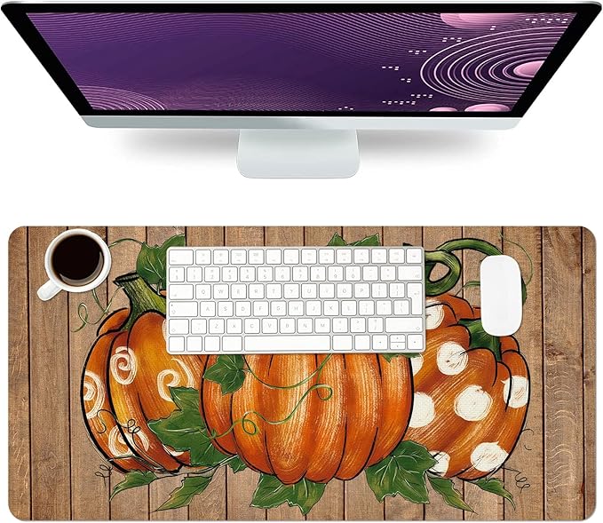 Fall Desk Mat, Pimpkins Wood Large Mouse Pad for Desktop, PU Leather Waterproof Desk Pad, Computer PC Laptop Protector Gaming Mouse Pads for School Office Home 23.6" x 11.8"