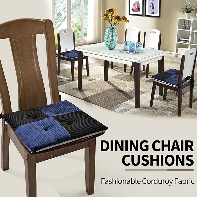 Office Stacking Chair Cushions 4 Pack, Corduroy High Density Foam Kitchen Seat Cushions with Ties, Square 17" x 17" Indoor Non-Slip Dining Chair Pads, Black+ Navy，4pcs